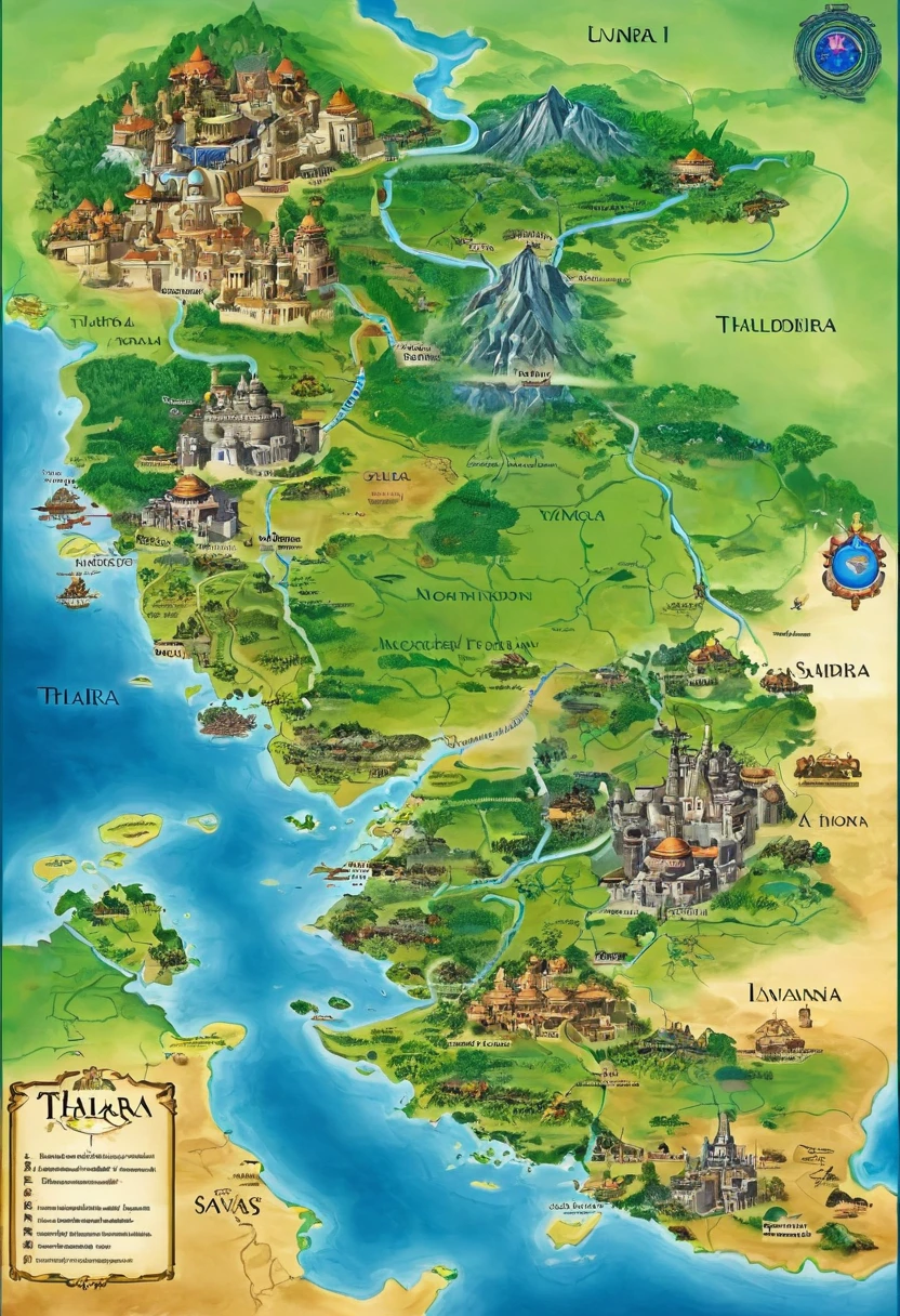 create a map: ReinoEldoria: An ancient and powerful kingdom, Known for its rich history and culture. Ruled by a wise and just king, but with political intrigues and rivalries between nobles.ContinentsValue: A vast and diverse continent, with dense forests, imposing mountains and extensive plains. It is home to several kingdoms and tribes, each with their own cultures and traditions.Thaloria: A drier continent, with deserts and savannas. Here, life is more difficult, and cities are heavily fortified to protect themselves from the constant threats of invasion.Lunaria: A continent covered in enchanted forests and mystical mountains. Known for its magical beings and ancient legends, It's a place where magic is still strong and respected.Countries in ValoriaRavenwood: A country within Valoria, Known for its dark forests and ancient mysteries. Your capital, Blackthorn, It is a center of commerce and culture.Stormhaven: Located on the coasts of Valoria, is famous for its busy ports and skilled sailors. Your capital, Seaforth, is a thriving shopping center.Evershade: A mountainous country with impenetrable fortresses. Known for its formidable warriors and honorable knights. Your capital, Ironclad, It is a symbol of strength and resistance.Countries in ThaloriaSandoria: A desert country with oasis cities, known for its excellent traders and caravans. Your capital, mirage, It's a luxurious oasis in the middle of the desert.Duskland: A land of savannas and warlike tribes, where survival is a constant struggle. Your capital, Human fall, It is a fortress surrounded by stone walls.Countries in LunariaSilversong: A country of magical forests and mystical creatures. Your capital, Moonshade, It is a place of beauty and magic.Frost road: Located in the snowy mountains of Lunaria, It is a country of eternal winter and stunning landscapes. Your capital, Snowpeak, is known for its ice fortresses and impressive architecture.