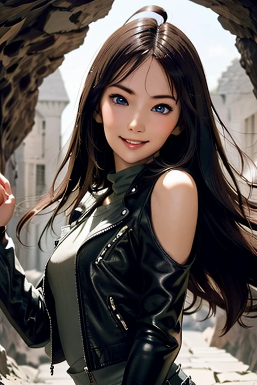 Highest quality　High resolution　Simple　Remainsの様なDungeons　RemainsDungeons　Long bangs　Adult female　Adventurer Girl　Loose expression　cute　smile　Leather jacket　Beautiful Eyes　One Woman　Long side hair　Very black hair　Shiny long hair　Straight hair　Ahoge　Wide sleeves　Long hem　cute目　Remains　Dungeons　Underground maze