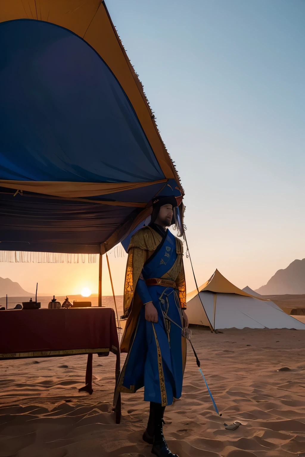 Landscape of China，（Vision） ，Outside the tent，Sunset，（A general in battle robes walks alone），Surrounded by neatly arranged tents and soldiers