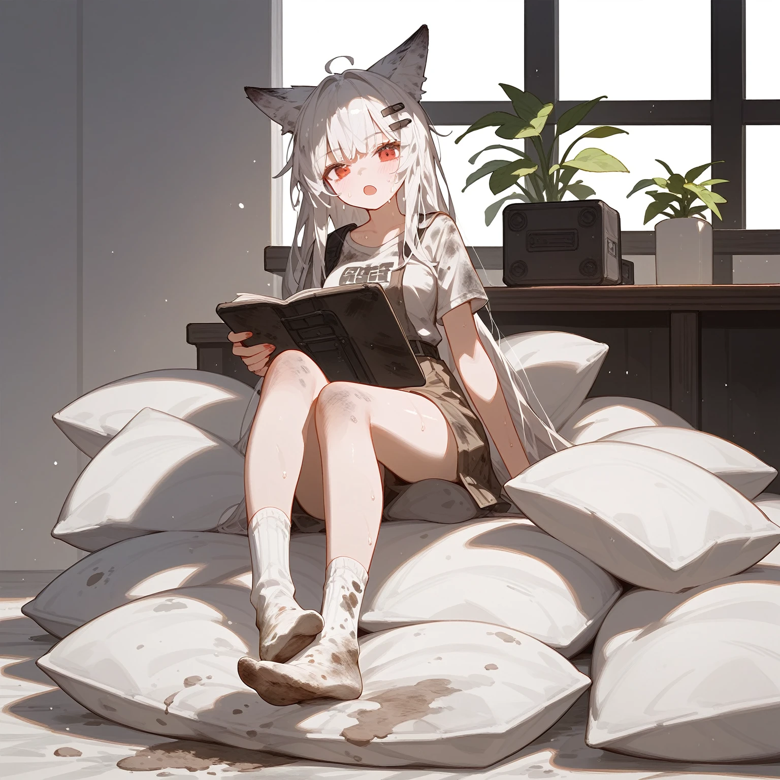 1 girl,dirty,foot,foot底,Red Eyes，breast,solitary,Long hair,White hair,,foot趾,foot部焦点,Looking at the audience,sit,Sweat,open mouth,dirty foot,Keep,indoor,Pillow,Bangs，White knee socks，Fox ears，There&#39;foot的泥土，，Uniforms，Japanese style，dirtyPillow，dirty床，女孩周围堆满Pillow，女孩踩踏着Pillow，大量Pillow，Pillow上肮脏，,(Deluxe Rococo Canopy King Bed),On a big and spacious bed,(),,,,Luxurious curtains with ornate ruffles and ribbons surround the bed,((((There are many pillows piled on the bed)))),Detail of Quilt,Detailed bed sheets,女孩踩在Pillow上，（详细的Pillow），Urine，Pillow上的液体