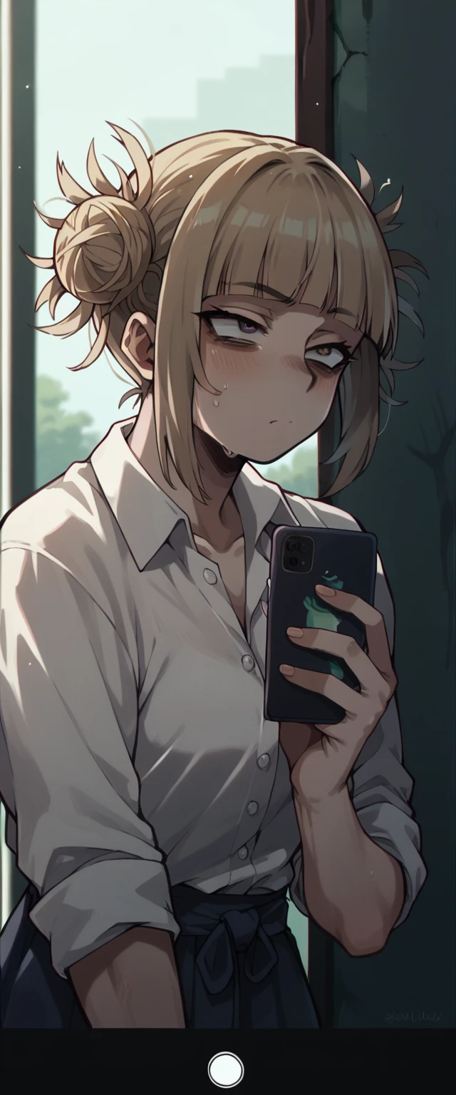 Himiko Toga snorting a line of cocaine on her cell phone with a rolled up bill