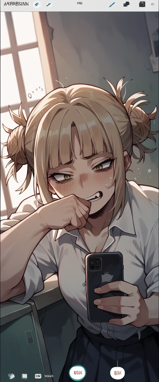 Himiko Toga snorting a line of cocaine on her cell phone with a rolled up bill