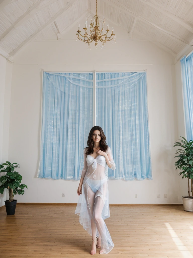 her name is Yasmin Fatima, high quality, ((mature)), ((white pale skin)), 1girl, ((30-year-old fit Swiss woman)), ((30 years old)), ((fit)), ((brunette)), pose: standing, wearing stylish blue (((organza))), ((BACKGROUND: indoor living room house in America)), random pose, cranky hair