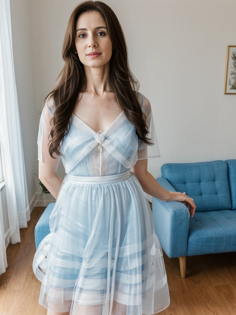 her name is Yasmin Fatima, high quality, ((mature)), ((white pale skin)), 1girl, ((30-year-old fit Swiss woman)), ((30 years old)), ((fit)), ((brunette)), pose: standing, wearing stylish blue (((organza))), ((BACKGROUND: indoor living room house in America)), random pose, cranky hair