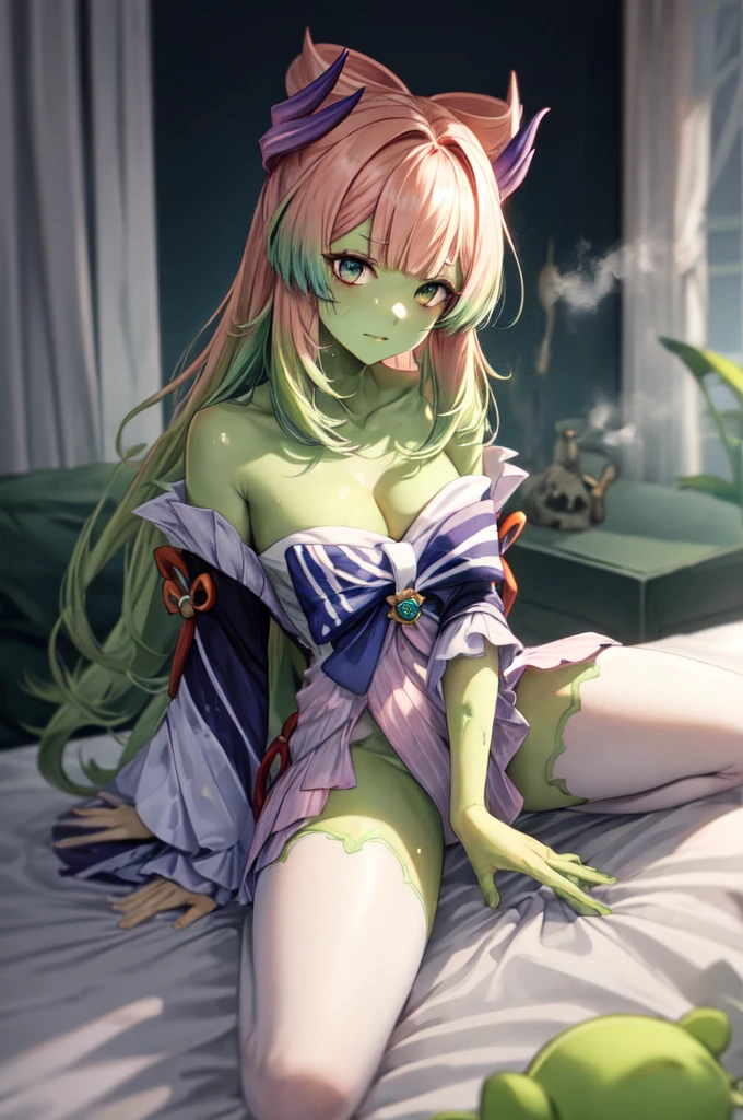 Skin of color,Green Skin,Pink Hair,Green Skin,kokomidef,Green Skin,whole body,Green Skin,Zombification,Green Skin,Sitting on the bed,Green mist