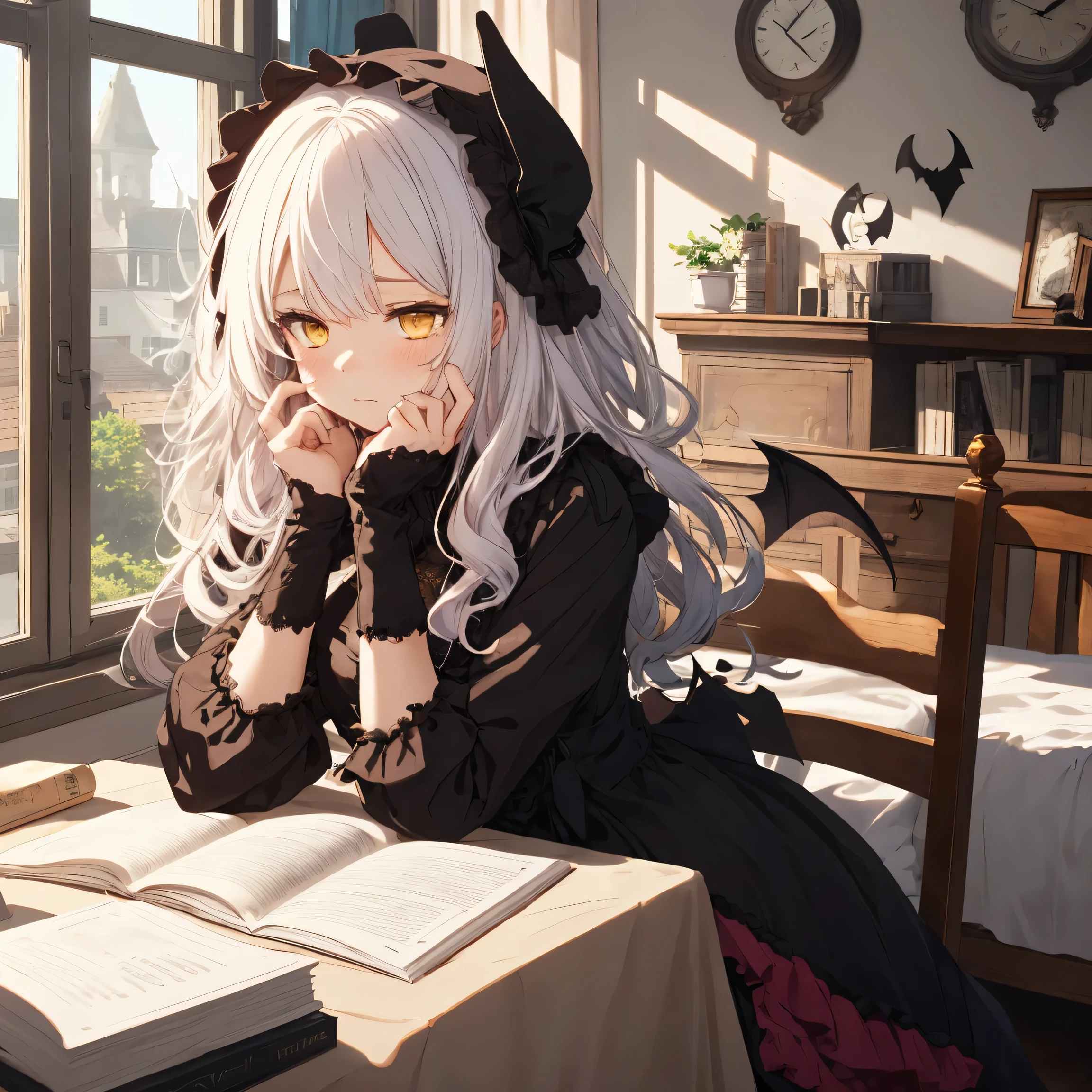 girl with, sorcerer, the witch, indoors, bedroom, pink and white room color, day, morning, 9:20 AM, Red and black gothic ta, Dresses with ruffles, sleepy face, white hair, messy hair, yellow eyes, bat wings on head, sitting in the bed, clock, sun, book in table