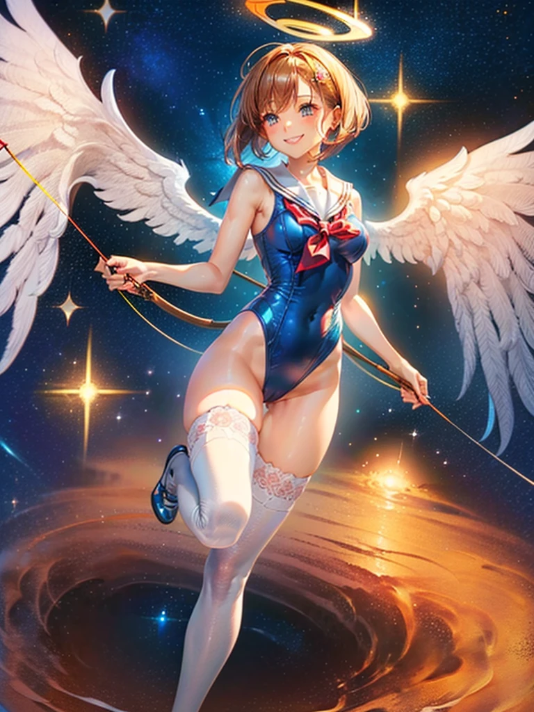 Highest quality,Highest Resolution,Masterpiece,(((A beautiful girl in a sailor leotard with a smile on her face))),High leg,Frills,White knee-high stockings,,Red tie,Cat ear,(((Halation))),Brown hair short bob,(((Elaborate:archery))),White angel wings on the back,universe,Milky Way,Meteor,dark,Bow of Light,whole body,Bow of Light,A distant view,Side view,(((Draw the bow))),Halo,弓を引いている,