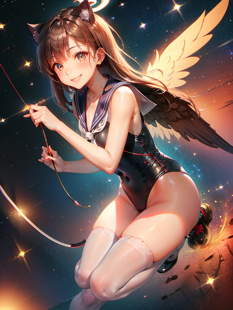 Highest quality,Highest Resolution,Masterpiece,(((A beautiful girl in a sailor leotard with a smile on her face))),High leg,Frills,White knee-high stockings,,Red tie,Cat ear,(((Halation))),Brown hair short bob,(((Elaborate:archery))),White angel wings on the back,universe,Milky Way,Meteor,dark,Bow of Light,whole body,Bow of Light,A distant view,Side view,(((Draw the bow))),Halo,弓を引いている,