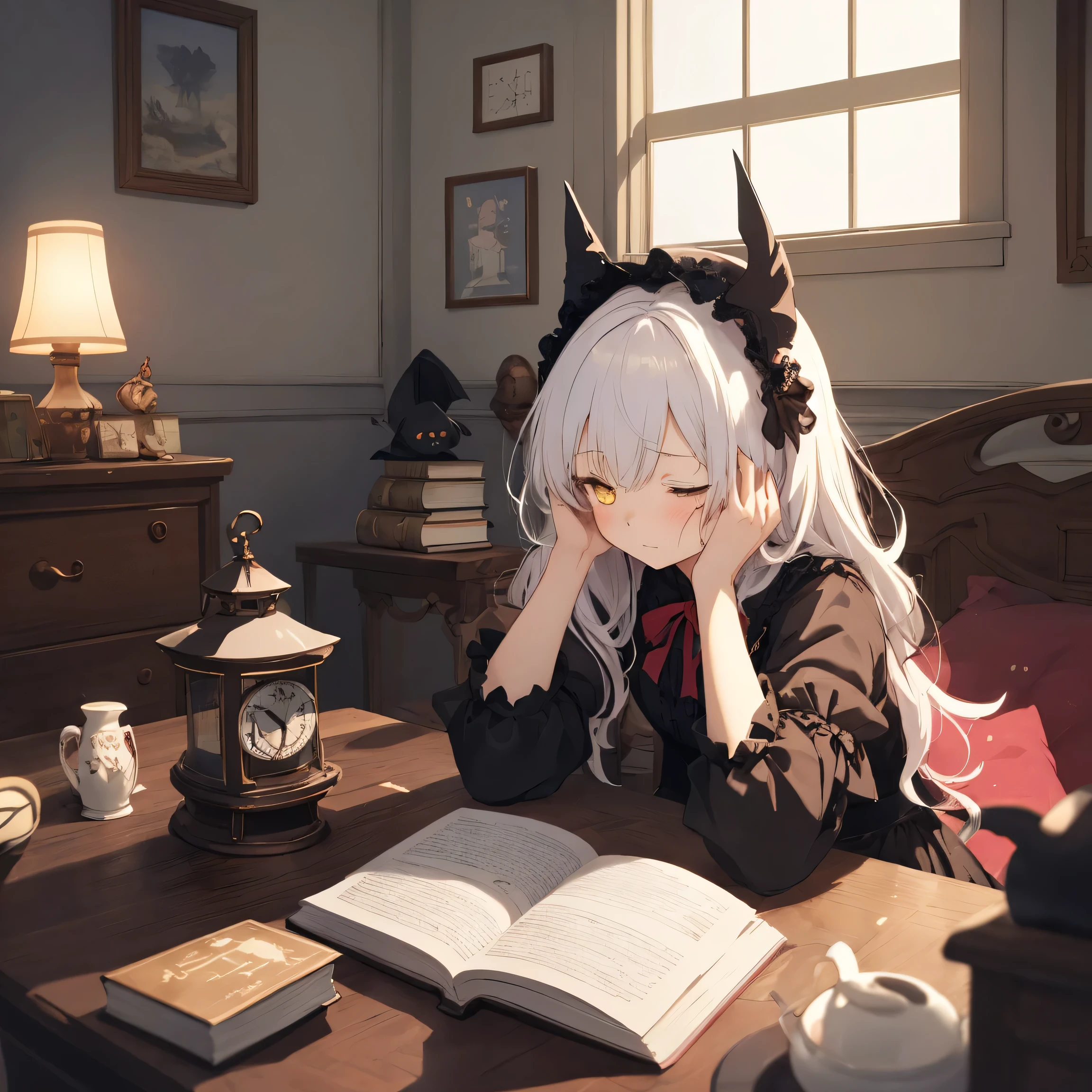 girl with, sorcerer, the witch, indoors, bedroom, pink and white room color, day, morning, 9:20 AM, Red and black gothic lolita, Dresses with ruffles, sleepy face, white hair, messy hair, yellow eyes, bat wings on head, sitting in the bed, clock, sun, book in table