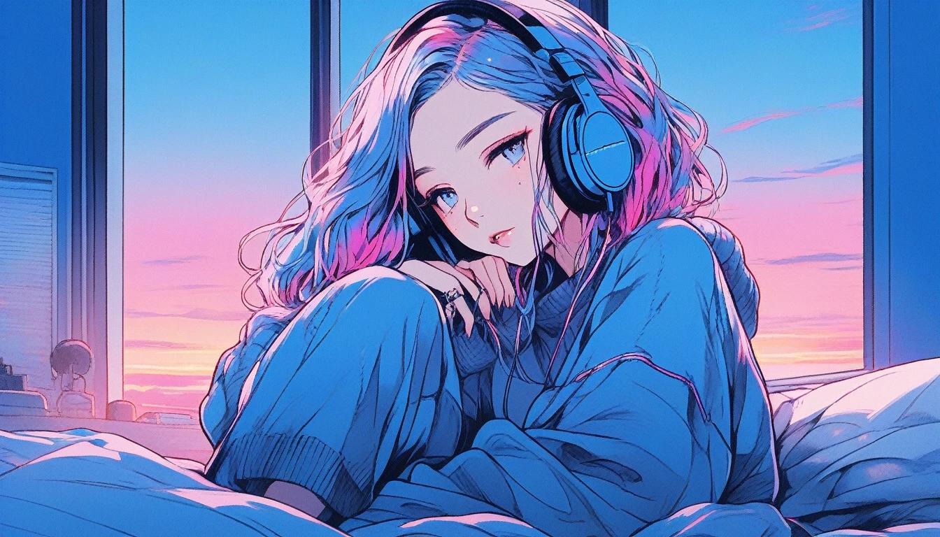 illustrator, anime , realistic ,sketch , 1 girl, ,lip, sweater,order, Blue gradient background, neon hair,Textured trim, Canadian, (masterpiece,Best quality) ganyou,Beautiful girl with headphones,elaxing on the bed, listening to music, outside the window, sunse