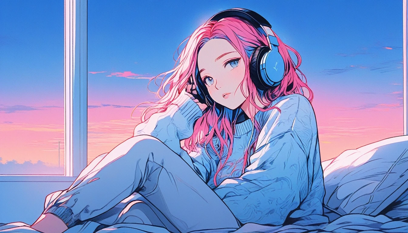 illustrator, anime , realistic ,sketch , 1 girl, ,lip, sweater,order, Blue gradient background, neon hair,Textured trim, Canadian, (masterpiece,Best quality) ganyou,Beautiful girl with headphones,elaxing on the bed, listening to music, outside the window, sunse
