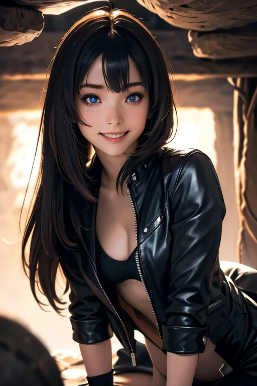 Highest quality　High resolution　Simple　Remainsの様なDungeons　RemainsDungeons　Long bangs　Adult female　Adventurer Girl　Loose expression　cute　smile　Leather jacket　Beautiful Eyes　One Woman　Long side hair　Very black hair　Shiny long hair　Straight hair　Ahoge　Wide sleeves　Long hem　cute目　Remains　Dungeons　Underground maze