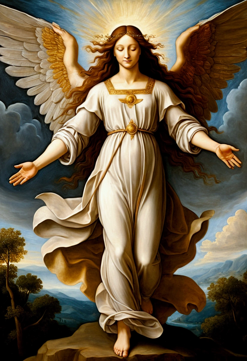 Bible inspired oil painting, Imagine an angel with arms and wings spread, in the vision of the painter Leonardo da Vinci, oil painting impasto