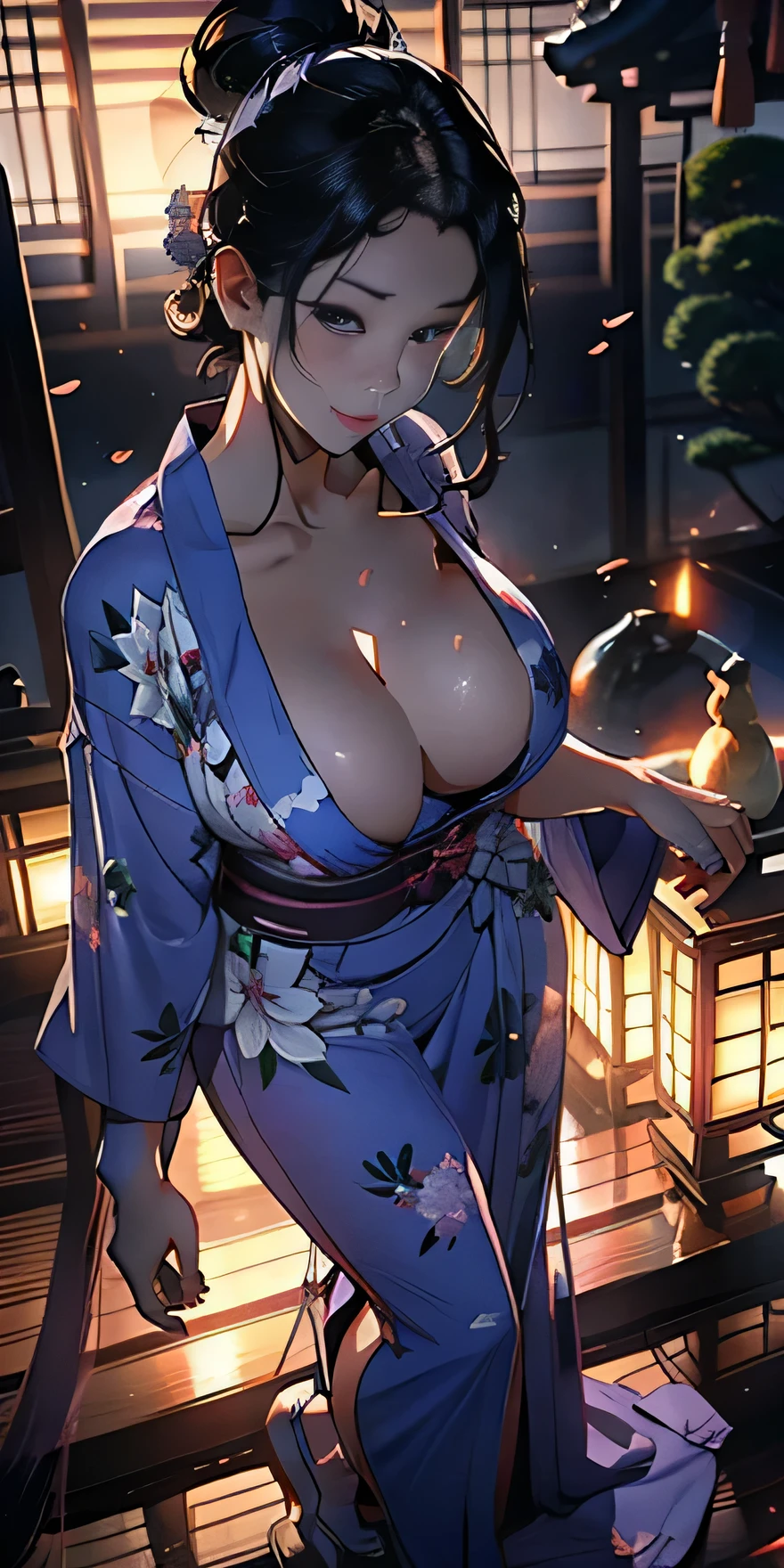 realistically、Full body contact looking up from below the ground、rear view、My thighs are also getting a little thicker、25 year old girl with accentuated thighs、Wearing a purple yukata、Breast augmentation and emphasis on cleavage、Versatile sensual poses、smile face、Japanese hot spring town Inakamachi、Emphasis on shading the chest contour