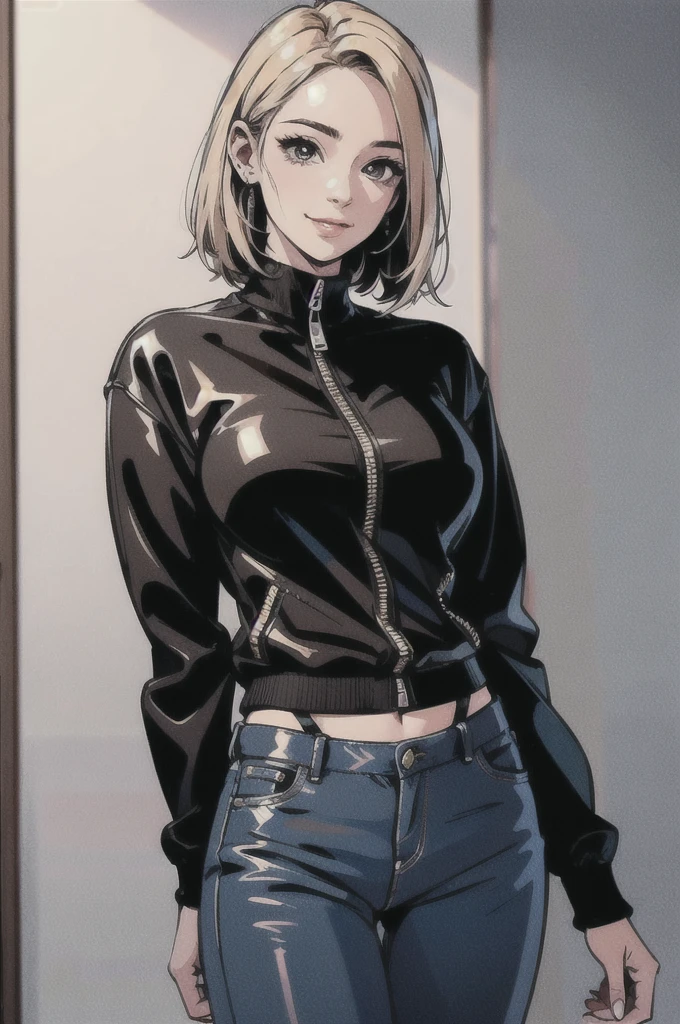 (Three-part method:1.4), ((Ultra-realistic illustrations:1.2)), Athletic blonde woman, (short hair), Tomboy, cute, ((smile)), sexy. mascara, Turtleneck Blouse, leather jacket, open zipper, Skinny jeans, High heels.masterpiece, Highest quality,(Very detailed:1.2),(Detailed face and eyes:1.2), 8k wallpaper, Depth of written boundary, Natural light. Core Shadow, High Contrast, Bokeh.