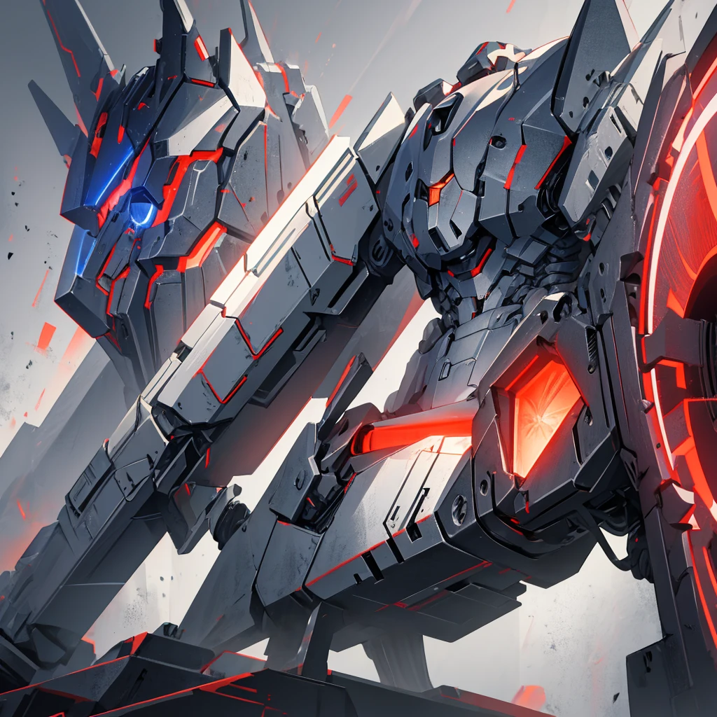 A steel manufacturing、Mecha holding a shield,A huge mecha flashing red,((Plain gray background))