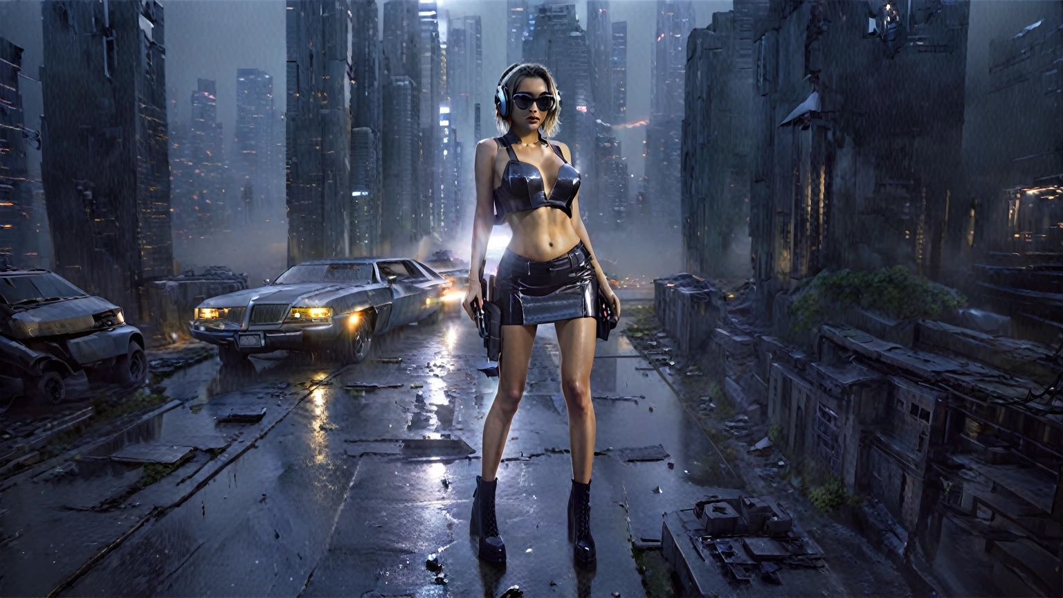 (aerial view, a flying car is speeding through a very dark abandoned futuristic city), rainy night. (((1girl, solo, alone))), large-breast:1.2 slim body, cleavage:1.1, sexy miniskirt, ((headphone, black sunglasses, standing and holding pistol pose)), (((((half-body thigh level medium:1.8 shot))))), cinematic lighting, lens flare, ray tracing.