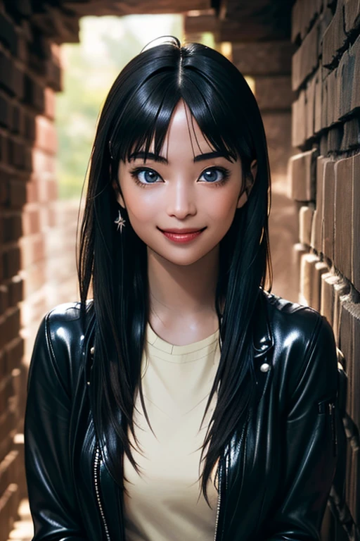 Highest quality High resolution Simple Remainsの様なDungeons RemainsDungeons Long bangs Adult female Adventurer Girl Loose expression cute smile Leather jacket Beautiful Eyes One Woman Long side hair Very black hair Shiny long hair Straight hair Ahoge Wide sleeves Long hem cute目 Remains Dungeons Underground maze