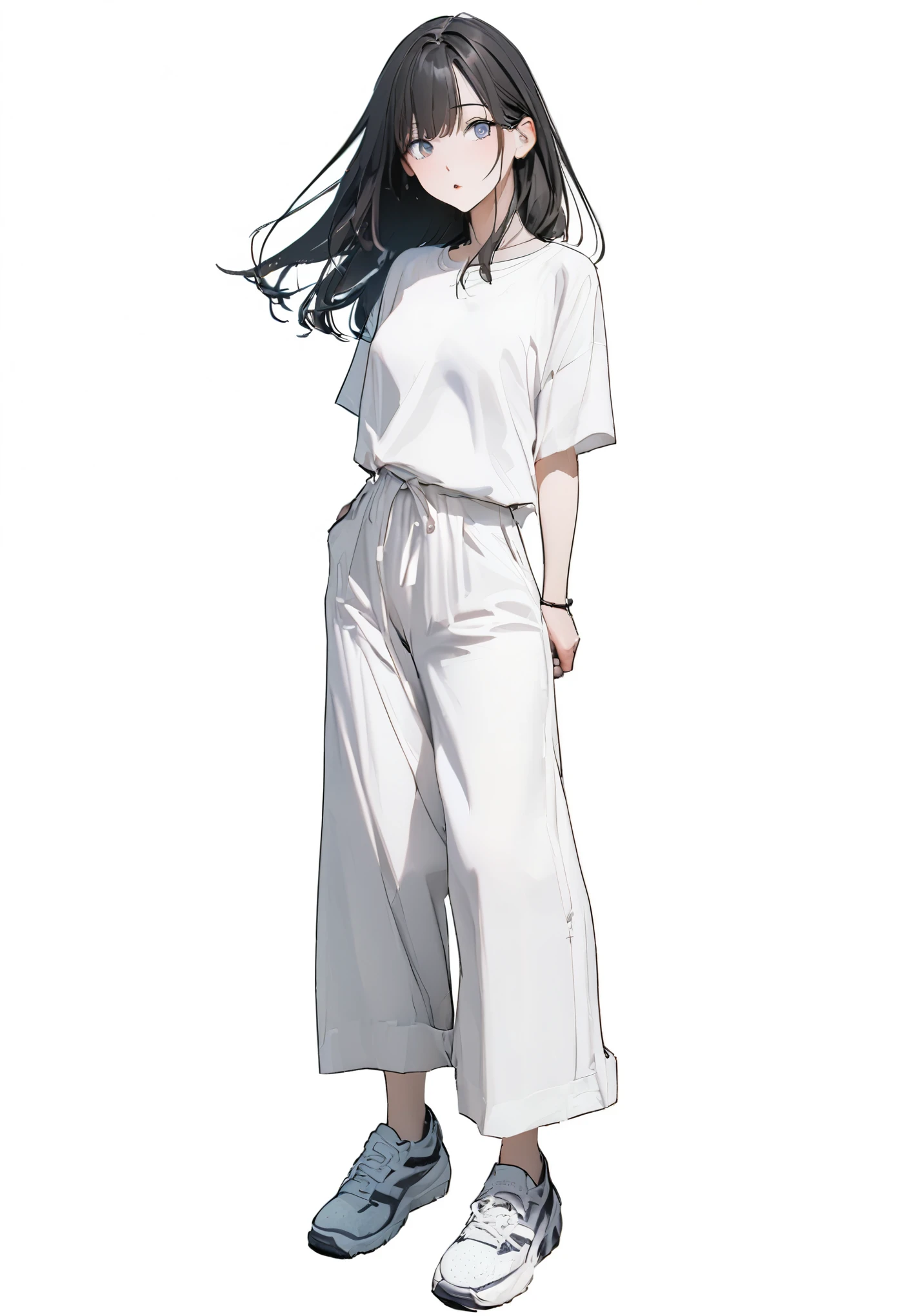 (Best, highest quality: 1.2, 8K), center, whole body, 20s, 1 adult female, summer shirt, summer wide pants, simple sneakers, simple background, white background, eyes open, delicate eyes, beautiful eyes,