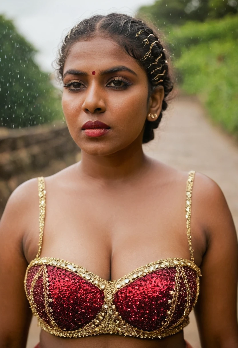 (((photo of a ancient kerala nude alien ))), (((black kali))) , (((Half Body))), (((very dark skin))), (((45 years old))), (((((very dark nipple and areola))))) (((plus size chubby tall))), (((huge busty milky wet big massive boobs))), (((nude thick thigh))), (((ancient black mini skirt))), ((black skin dark body)), (((red ornaments))), (((depth of field))), ((( flame bokeh))), (((rain))), ((( flashing light leaks))), (((divine))), photorealistic,photo, realism, Getty Images, RAW candid cinema, 16mm, colour graded portra 400 film, remarkable colour, ultra realistic, textured skin, remarkable detailed pupils, realistic dull skin noise, visible skin detail, skin fuzz, dry skin, shot with cinematic,light leaks, RAW Image, DOF, depth of field,bokeh