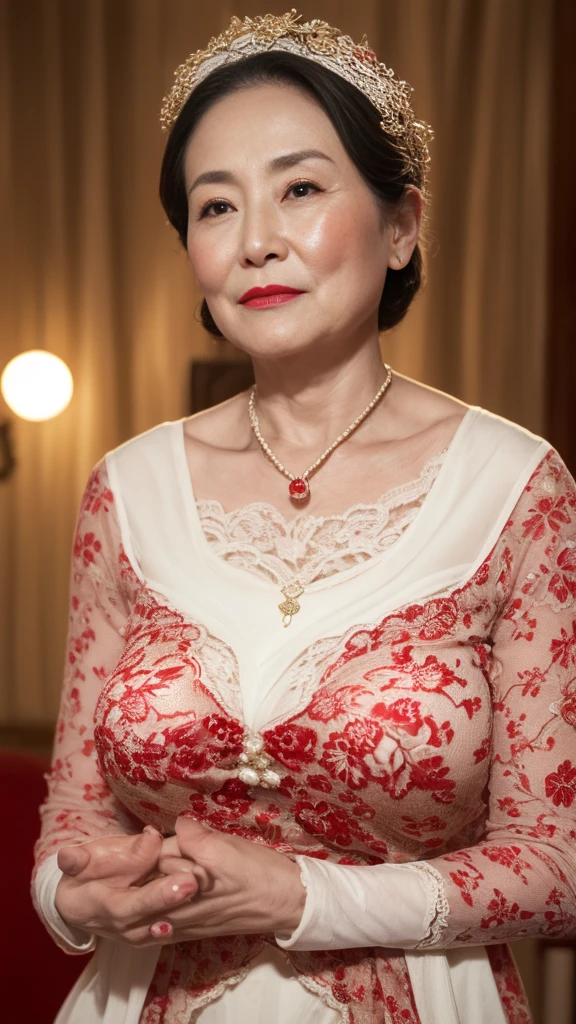 in the spotlight, photorealistic, gravure, facing the front, ((red lips)), flashy makeup, from the chest up, masterpiece, highest quality, Super detailed, realistic, super dense skin, perfect anatomy, (1 Japan), (alone), 120 years old, big breasts, mature politician, Glamour, sexy, pure white skin, looking at the viewer,