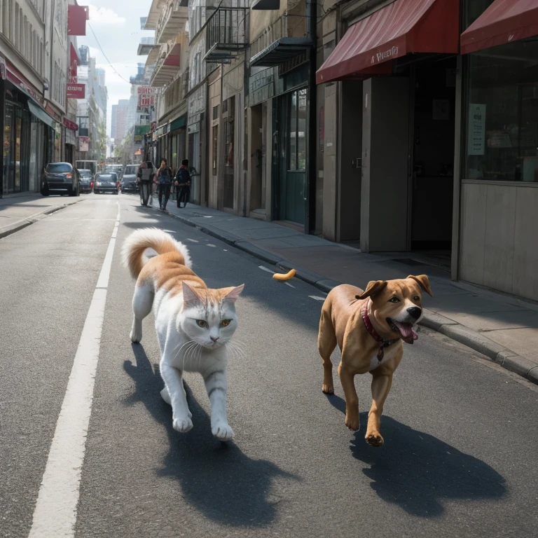 Dog running after a cat through the city streets. Ultra realistic 8k images