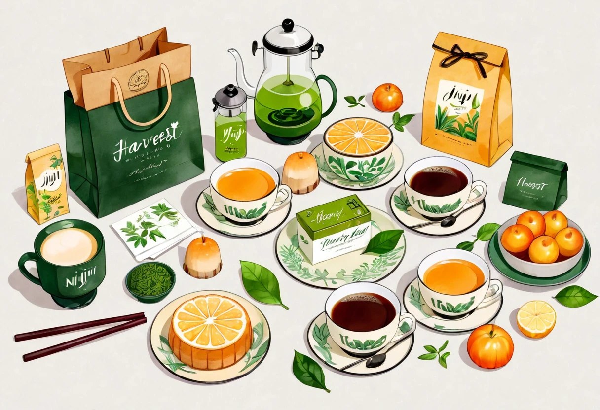 wartercolor, pastelcolor,A set of tea sets for casual relaxation with illustrations,calligraphic fonts with green tones,coffee bags,paper bags,prints and accessories,with the theme of the harvest world,clean light gray background,(niji:2),hand-drawn,illustration style