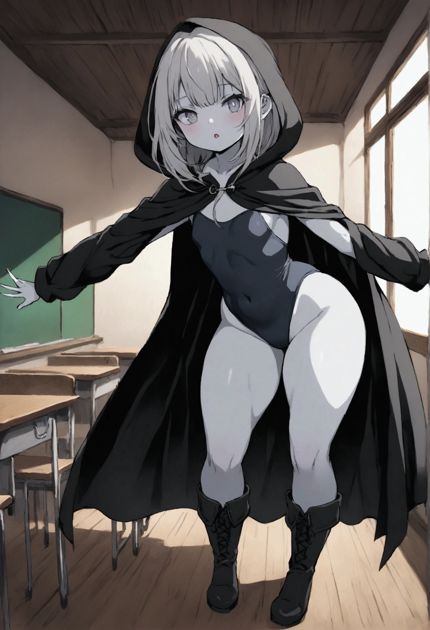 anime style girl 1,70 long light gray hair gray skin shark teeth and gray eyes and light gray pupils very thick and strong legs thick thighs, but without breasts (it's flat chest) posing to see her clothes in a classroom while wearing a very long black hooded cape that trails on the ground with the hood up a full body leotard with black boots ( arms and legs must be covered )