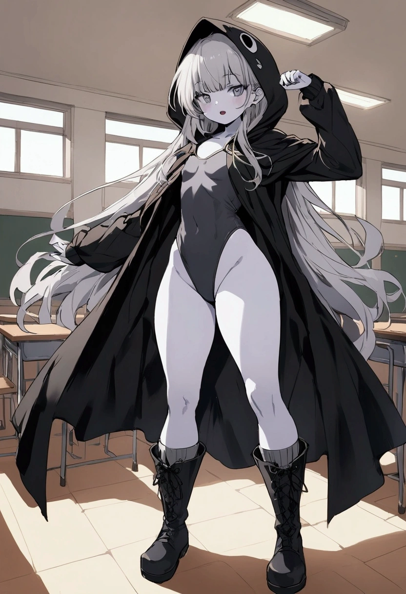 anime style girl 1,70 long light gray hair gray skin shark teeth and gray eyes and light gray pupils very thick and strong legs thick thighs, but without breasts (it's flat chest) posing to see her clothes in a classroom while wearing a very long black hooded cape that trails on the ground with the hood up a full body leotard with black boots ( arms and legs must be covered )