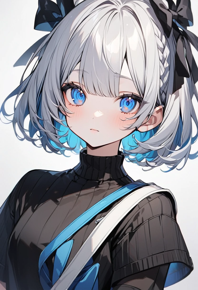 The person in the image appears to be a VTuber, an online content creator who uses virtual avatars. Her features, including her clothing, are as follows: Hair: Short silver hair with bangs. Short bob with black ribbons on both sides. Eyes: Large blue eyes with a slightly closed, gentle expression. Clothing: Black short-sleeved sweater. Background White background: Cute and elegant VTuber with short bob hairstyle.
1 Person