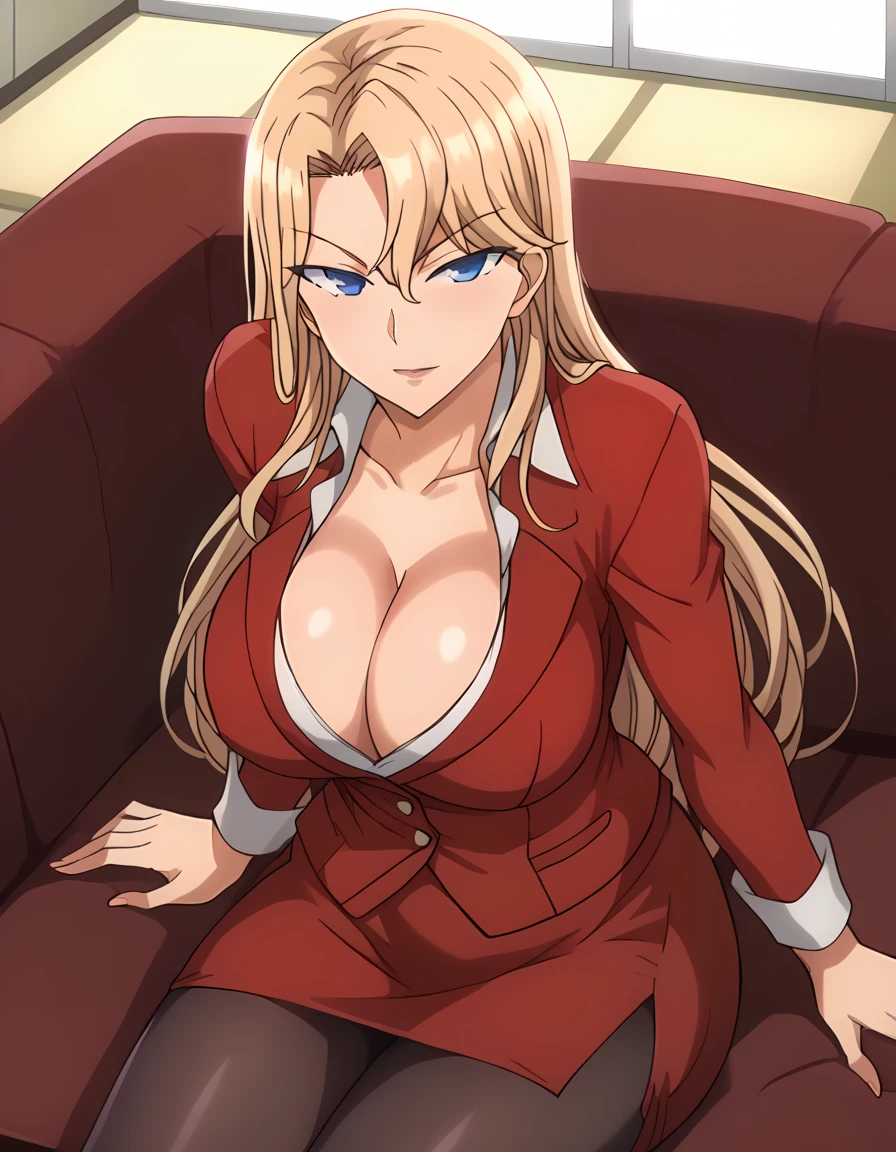 score_9, score_7_up, source_anime, anime screencap, BREAK 1female, ReikaKurashiki, blonde hair, long hair, blue eyes, (large breasts:1.3), long torso, red jacket, (collared shirt:1.1), collarbonea, (cleavage:0.7), red pencil skirt, pantyhose, sleeve cuffs, BREAK indoor, house, cowboy shot, laying down on couch, in personal office, sunset lighting,