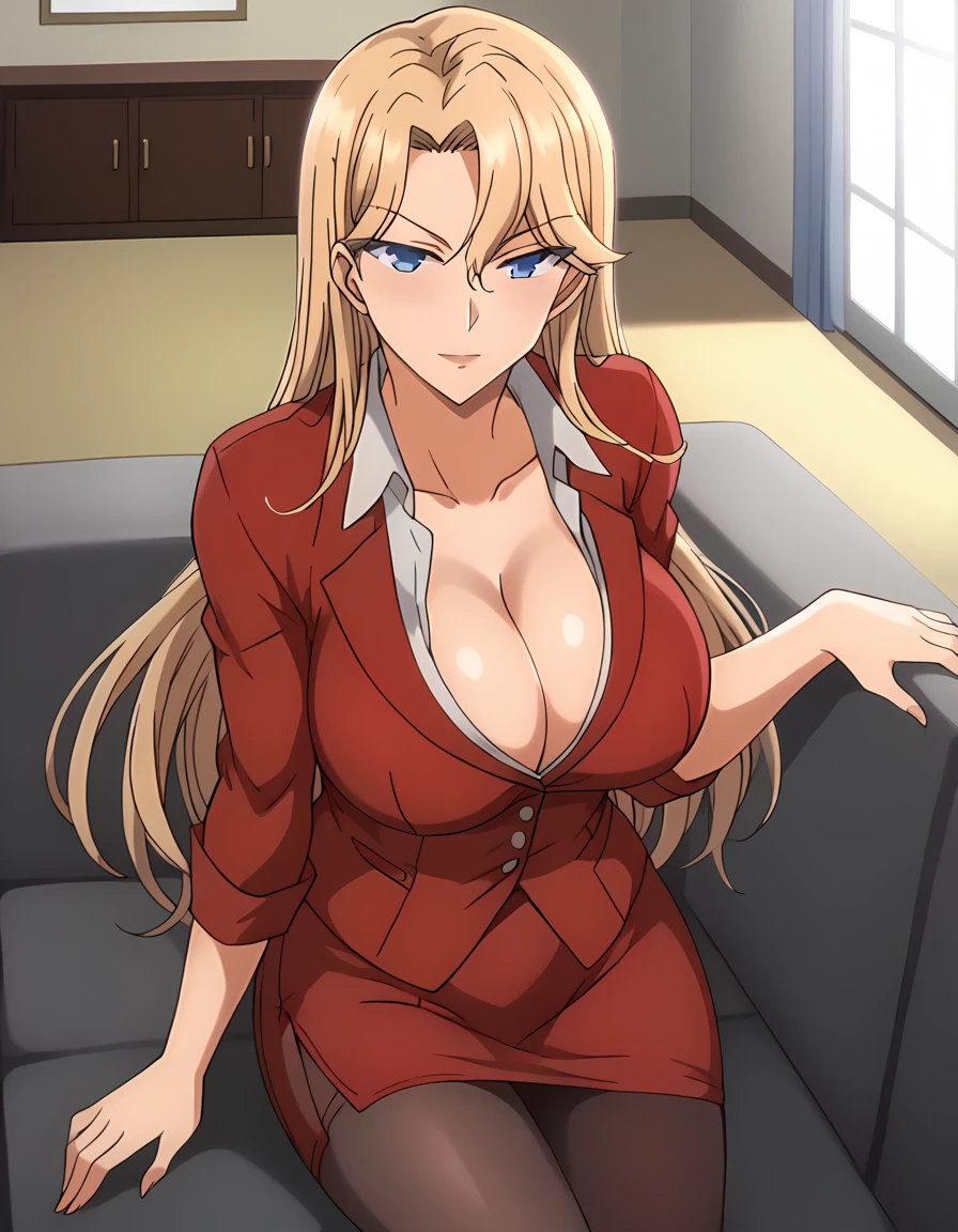 score_9, score_7_up, source_anime, anime screencap, BREAK 1female, ReikaKurashiki, blonde hair, long hair, blue eyes, (large breasts:1.3), long torso, red jacket, (collared shirt:1.1), collarbonea, (cleavage:0.7), red pencil skirt, pantyhose, sleeve cuffs, BREAK indoor, house, cowboy shot, laying down on couch, in personal office, sunset lighting,