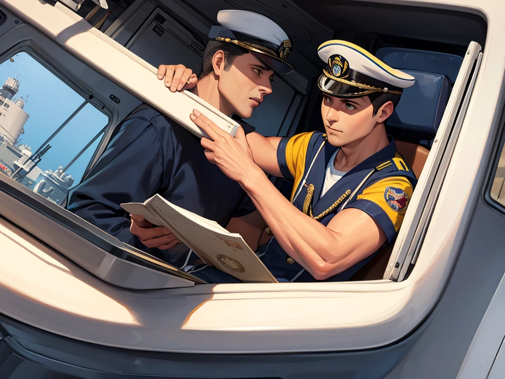 pilot man with mexican navy uniform sitting in his chair driving a warship, In the cabin you can see a captain in a United States Navy uniform giving him orders.