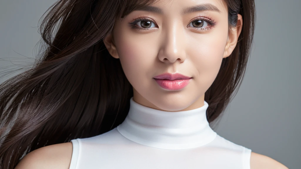 ((Detailed face)),vivid,cute,A silky white outfit with a turtleneck and sleeveless top,4K,Ultra-high resolution,(Photorealistic:1.7),Gray background,Long black hair,