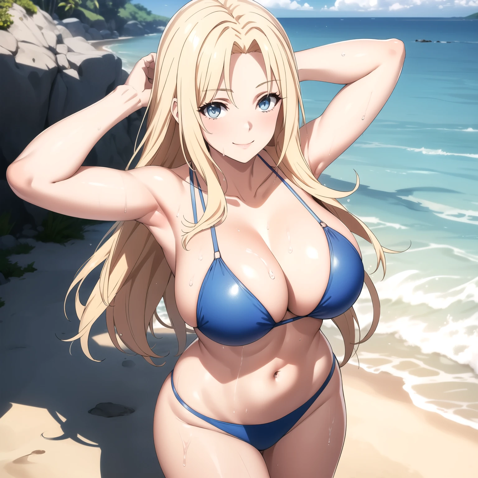 row. 20 year old woman, long blonde hair, light blue eyes, happy smile, clear skin, big breasts, detailed skin, blue bikini , WET BODY, drops of water on his chest. He is walking along a tropical beach. perfect hands, hands behind the head.
