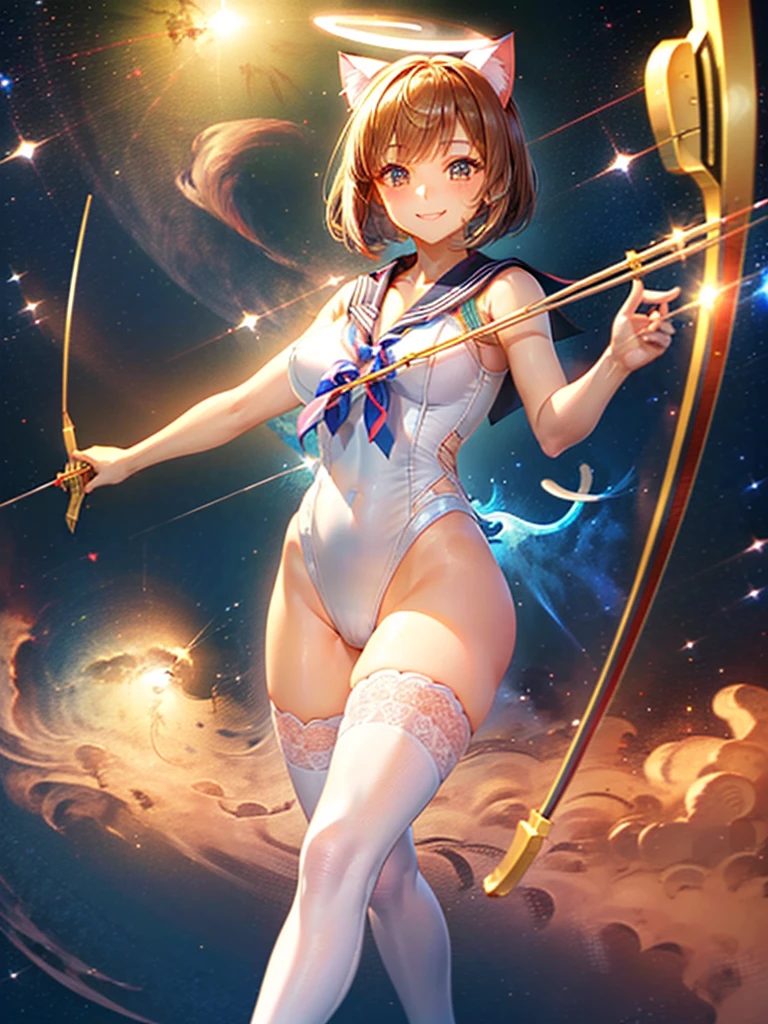 Highest quality,Highest Resolution,Masterpiece,(((A beautiful girl in a sailor leotard with a smile on her face))),High leg,Frills,White knee-high stockings,,Red tie,(((Cat ear))),(((Halation))),Brown hair short bob,(((Elaborate:archery))),White angel wings on the back,universe,Milky Way,Meteor,dark,Bow of Light,whole body,Bow of Light,A distant view,Side view,(((Draw the bow))),Halo,弓を引いている,