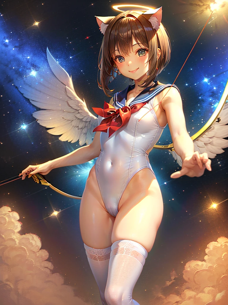 Highest quality,Highest Resolution,Masterpiece,(((A beautiful girl in a sailor leotard with a smile on her face))),High leg,Frills,White knee-high stockings,,Red tie,(((Cat ear))),(((Halation))),Brown hair short bob,(((Elaborate:archery))),White angel wings on the back,universe,Milky Way,Meteor,dark,Bow of Light,whole body,Bow of Light,A distant view,Side view,(((Draw the bow))),Halo,弓を引いている,