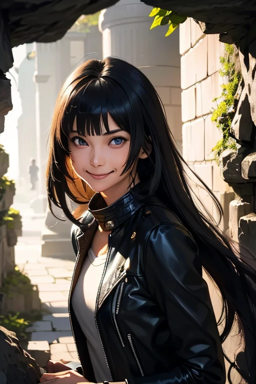 Highest quality High resolution Simple Remainsの様なDungeons RemainsDungeons Long bangs Adult female Adventurer Girl Loose expression cute smile Leather jacket Beautiful Eyes One Woman Long side hair Very black hair Shiny long hair Straight hair Ahoge Wide sleeves Long hem cute目 Remains Dungeons Underground maze