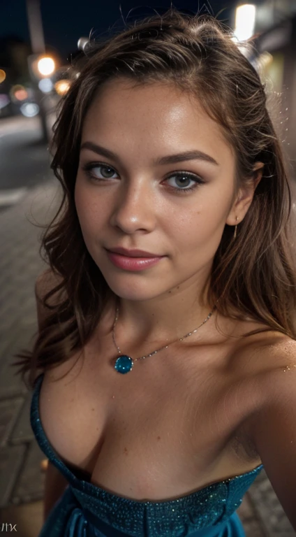 (Photo the selfie, From above:1.4), (pós-retrato de meio Farbepo:1.4), RAW UHD photo of a 24-year-old blonde (Blue eyed woman) walking down a dark alley, natural breasts_b, fundo da cidade at night, (red summer dress), (neckleace), detailded (texturas!, body hair!, Glow Up, Farbe!!, imperfections:1.1), highly detailded glossy eyes, (looking at the camera), specular lighting, dslr, ultra quality, sharp focus, thank you sharp, DOF, film grain, (centred), Fujifilm XT3, clear as crystal, center of frame, cute face, sharp focus, street lamp, neon lights, bokeh, (dimly-lit), subtle, at night, (night sky) detailded skin pores, greasy skin, suntanned, intricate eye detail