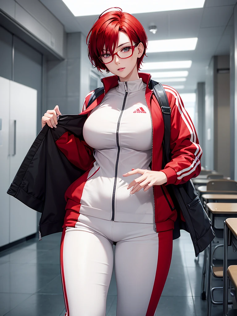 woman with short red hair, white eyes, glasses, tall body, big breasts, sexy wearing a tracksuit, is at school