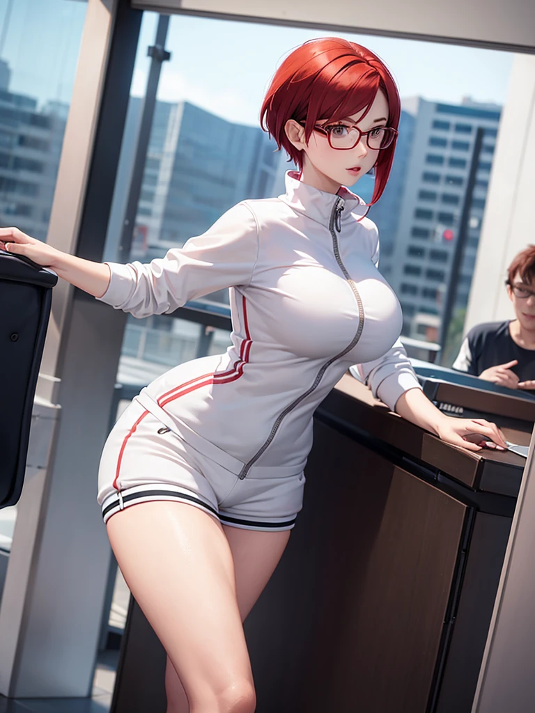 woman with short red hair, white eyes, glasses, tall body, big breasts, sexy wearing a tracksuit, is at school