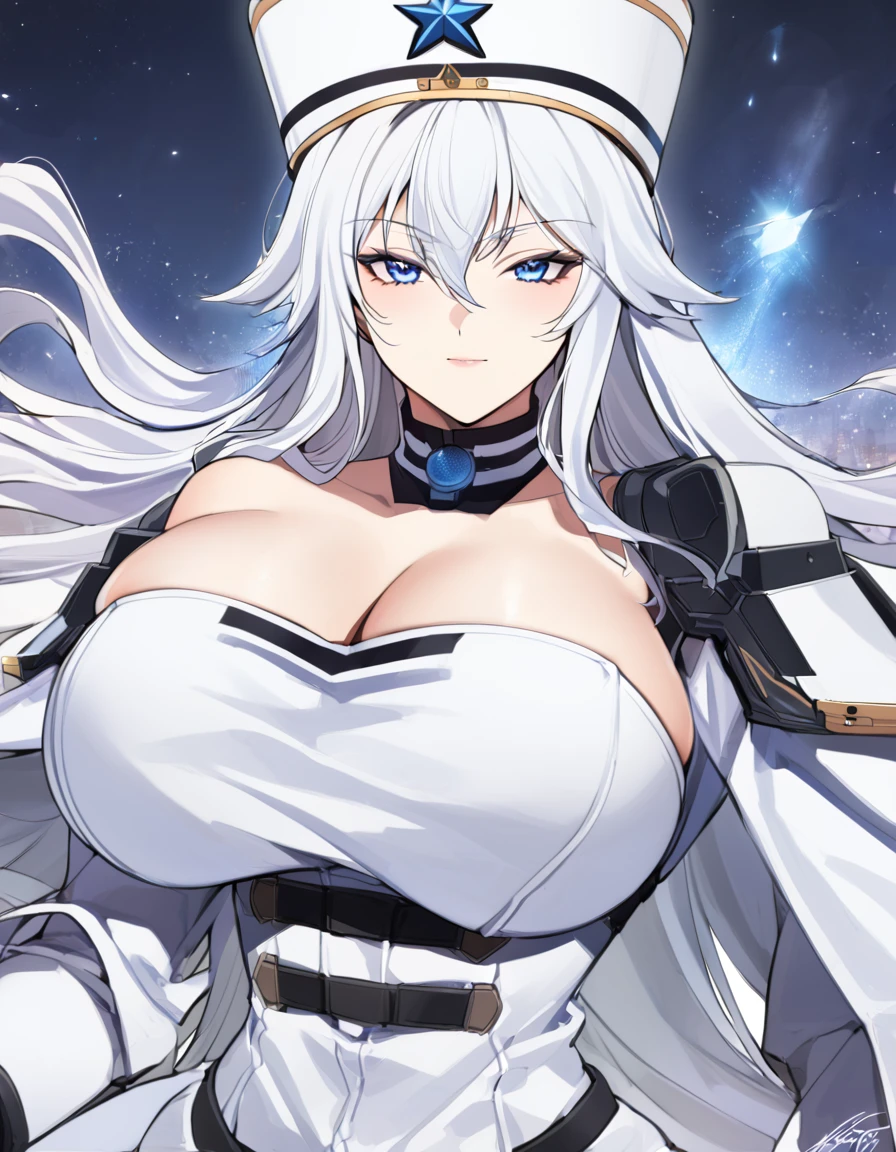 Anime, 1 girl with heavy mechanical arms, solo, kimtag, Sovetsky Soyuz, Sovetsky Soyuz's hairstyle, white hairstyle, busty, big And round buson, firm chunky body, white military's uniform, white military's hat, large heavy mechanical-arms, BLUE eyes