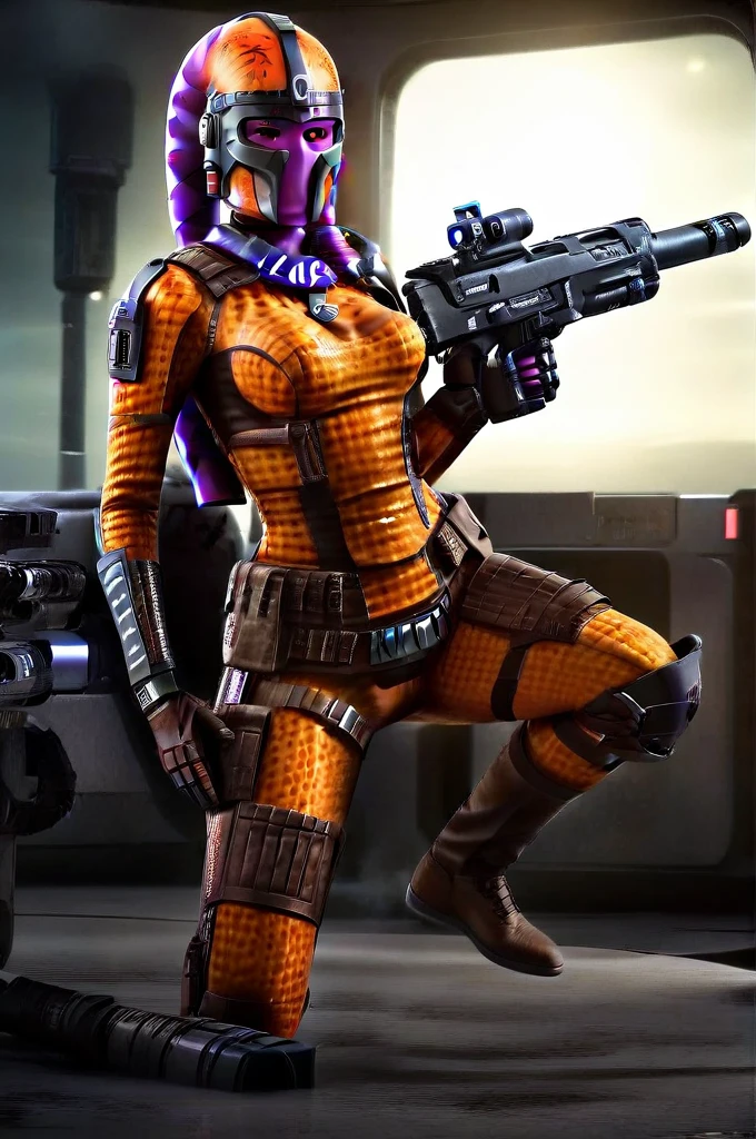 A ((female Twi'lek ))Mandalorian, detailed futuristic armor, intricate helmet, jetpack, blaster rifle, epic pose, dramatic lighting, gritty sci-fi atmosphere, cinematic, dramatic colors, highly detailed, 8k, photorealistic, masterpiece female Twi'lek
