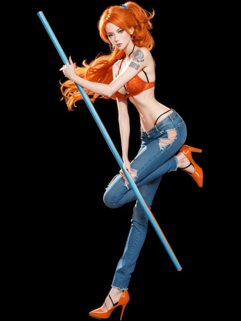 A perfect full body beautiful girl, orange hair, with blue jeans, in high heels, with red bra, holding a blue stick