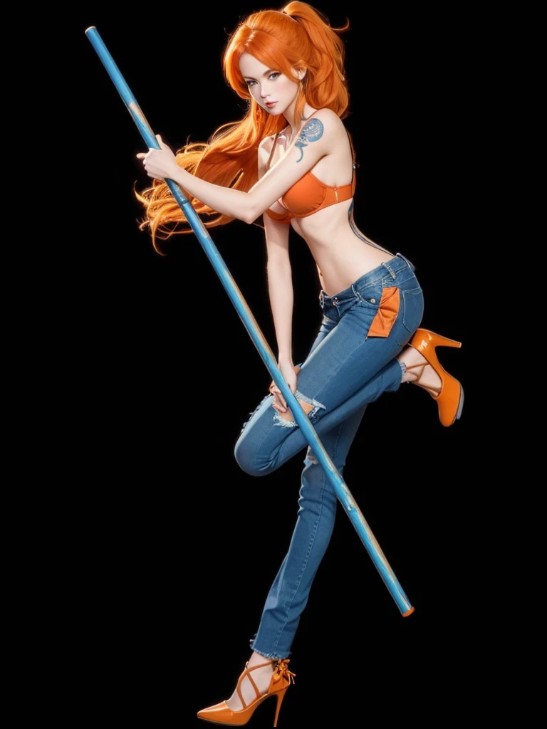 A perfect full body beautiful girl, orange hair, with blue jeans, in high heels, with red bra, holding a blue stick