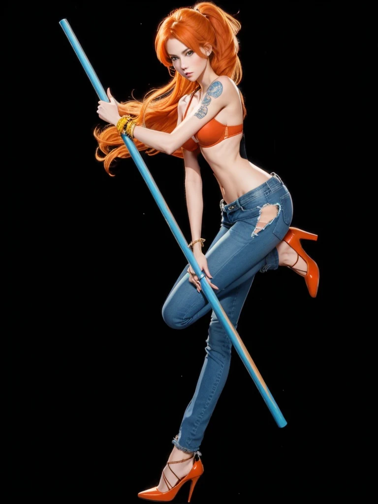 A perfect full body beautiful girl, orange hair, with blue jeans, in high heels, with red bra, holding a blue stick