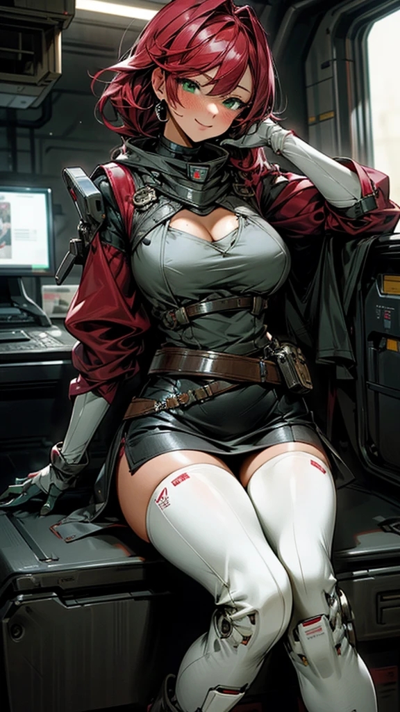 20-year-old girl，Crimson hair，side braid，Smile，Huge breasts，cleavage，Sheer red sleeveless top，Leave space in the middle to reveal cleavage，Soaked all over，Blushing，green eyes，Female spy，Red miniskirt，White gloves，White hand sleeves，White boots，Science fiction，Future，robot driver，There is a pistol on the back belt，No bangs，Wearing earrings only on one side，leather neck brace，There is a belt around the waist，Inside the huge robot cockpit，Sitting in the driving seat，Darkness all around