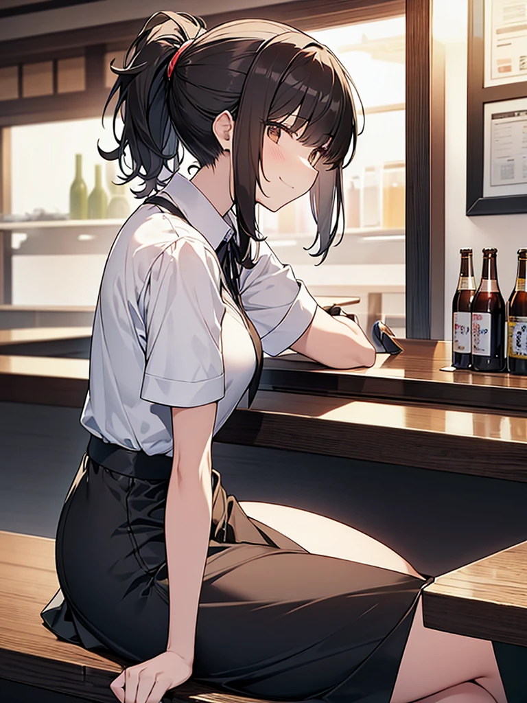 Big Small beer cup on the counter Tall woman:1.9 Side view composition Izakaya at night Sitting on a chair White collared shirt short sleeves Black skirt Smiling Talking Black short hair Ponytail:1.9 Straight hair Hair tie Sweep bangs to the side:1.9. Slanted eyes, brown eyes, tall, strong-willed, beautiful