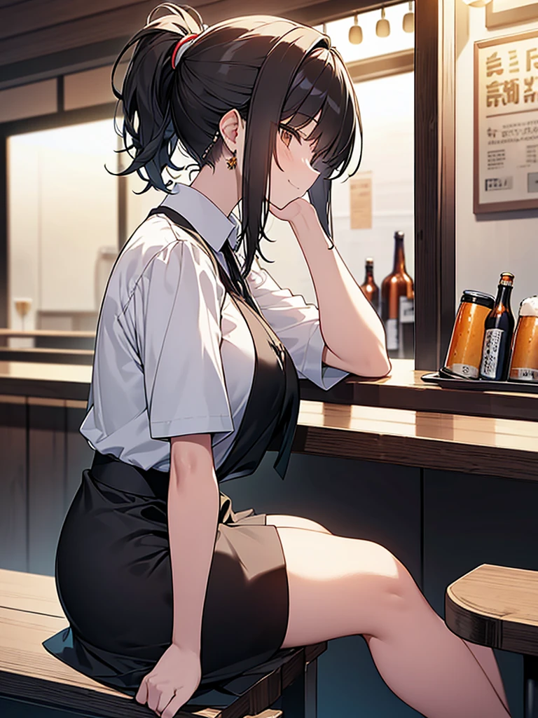 Big  Small beer cup on the counter Tall woman:1.9 Side view composition Izakaya at night Sitting on a chair White collared shirt short sleeves Black skirt Smiling Talking Black short hair Ponytail:1.9 Straight hair Hair tie Sweep bangs to the side:1.9. Slanted eyes, brown eyes, tall, strong-willed, beautiful