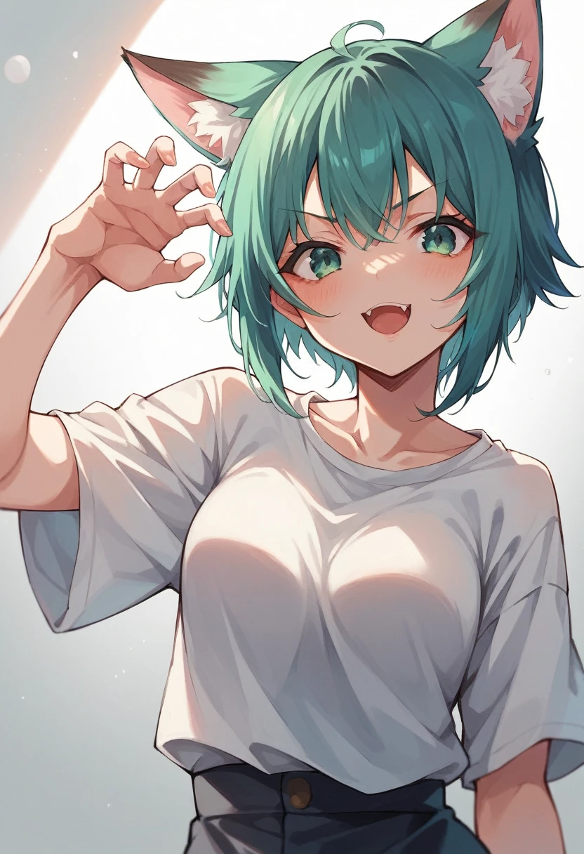 a closeup of a cartoon character with fox ears, fox girl, mikudayo, anime moe art style, Cat Mimi, short hair, anime girl with teal hair, dominant pose
